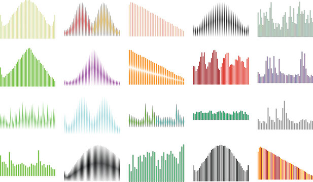 Abstract soundwave vector collection, set of 20 colorful audio equalizer waveforms and digital frequency visualizer elements. Modern music signal bars and sonic pulse graphics in vibrant pastel