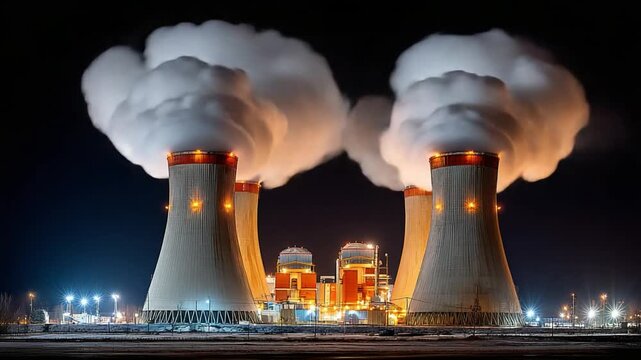 Power Plant Under the Midnight Sky: A nuclear power plant, illuminated against the dark sky, its cooling towers exhaling billowing steam, a symbol of industrial might and technological advancement.