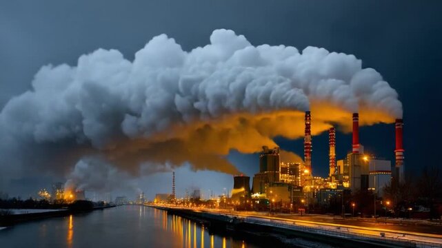 Industrial Emissions under the Gloom: A depiction of a large industrial complex, belching thick plumes of smoke into a darkening sky, suggesting environmental concerns.