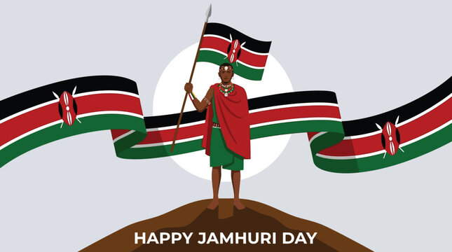 Kenya Jamhuri Day Celebration Vector Illustration with Maasai Man Holding Flag and Spear on Mountain