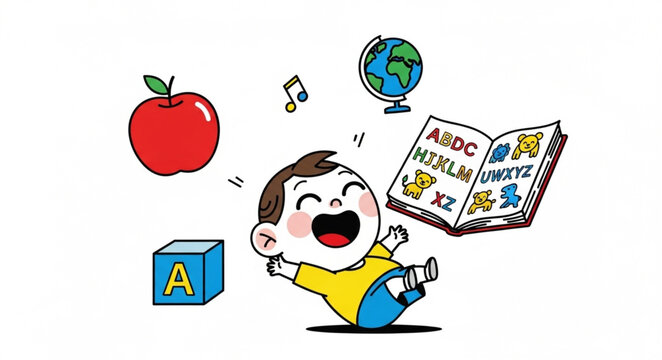 Happy baby learning with alphabet blocks and books.