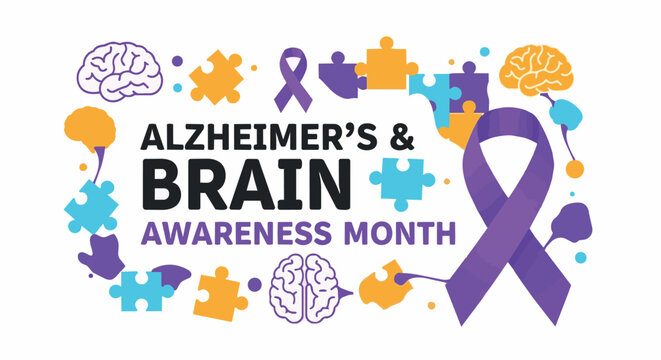 Purple ribbon awareness Alzheimers Brain Month logo with brain puzzle pieces in purple and teal colors for health campaign
