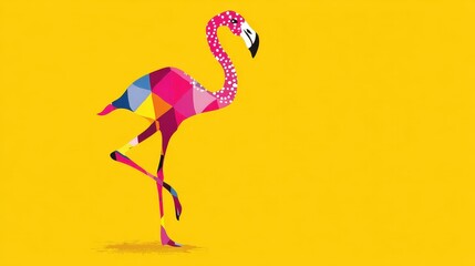 Colorful Geometric Flamingo Illustration on Bright Yellow Background