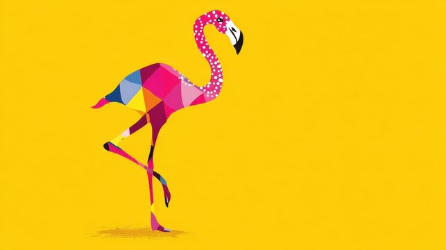 Colorful Geometric Flamingo Illustration on Bright Yellow Background