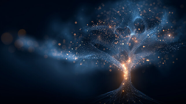 Abstract glowing tree with intricate root system, dark background