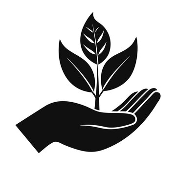 Black hand holding plant silhouette vector icon, isolated transparent background, eco care sustainability concept for environment logo and nature protection design