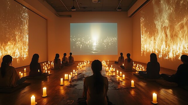 People meditating in a dimly lit room surrounded by candles and illuminated by projections of fire and water