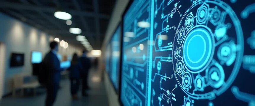 Futuristic digital interface animates on a large screen as the camera slowly pans in a modern office setting, with professionals in motion, creating a cinematic, tech-driven atmosphere.