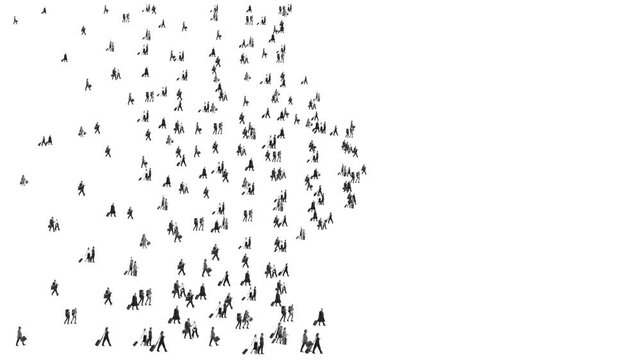 Scattered crowd of small business people moving randomly on white background animation. Concept of unstructured workflow, lack of strategy, market noise, disorganization and uncontrolled processes.