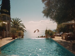 Obraz premium Two figures leap from a luxurious infinity pool overlooking a sparkling turquoise sea, framed by lush greenery and a sun-drenched patio.