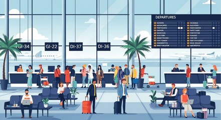 Obraz premium Modern Airport Terminal Interior with Passengers and Check-in Counters.