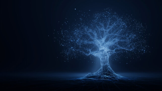 Abstract glowing tree with intricate root system, dark background