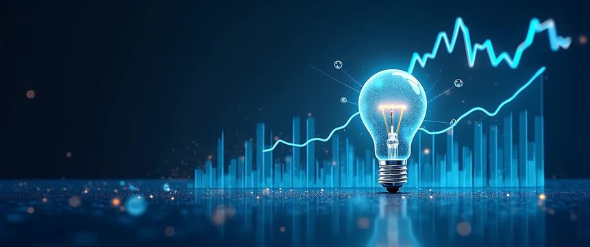 Innovative light bulb glows gently as camera pans over dynamic financial graph, with ambient bokeh lights creating a modern, cinematic atmosphere highlighting business growth concepts.