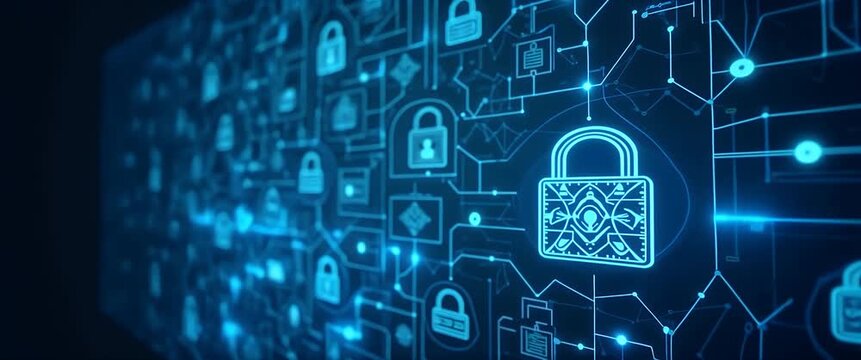Digital security locks animate across a futuristic network grid, with a slow camera pan revealing a mesmerizing, cinematic view of cybersecurity technology in motion.