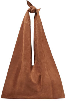 A brown leather bag with a long strap and knot on a white background