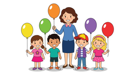 Fototapeta premium Happy Female Teacher with Group of Diverse Children Holding Colorful Balloons Illustration for Education and Celebration Concepts