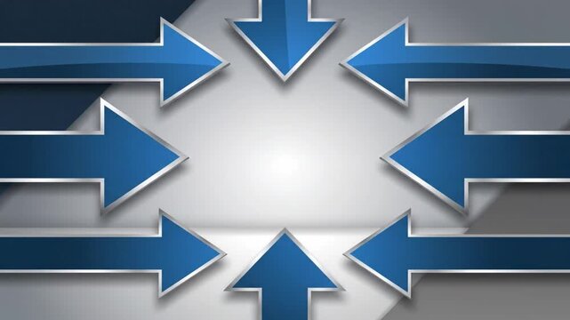 Dynamic blue arrows radiate outward from center on a smooth gray background in a progressive sequence