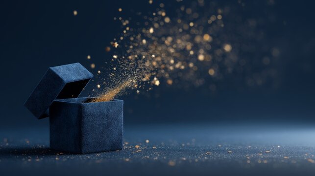 Mystical blue box releasing golden sparkles into the air.