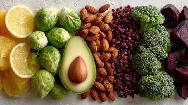 Colorful, healthy food arranged in rows citrus, sprouts, avocado, nuts, beans, broccoli, beets