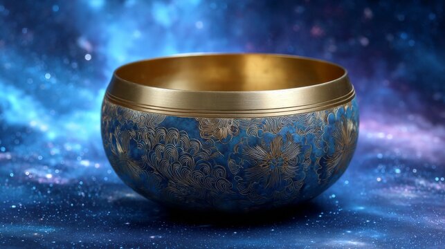 Intricate blue singing bowl with golden patterns against a cosmic background.