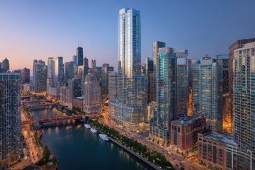 Fototapeta premium A stunning aerial view captures the illuminated Chicago skyline at dusk, showcasing its iconic architecture and the winding Chicago River.