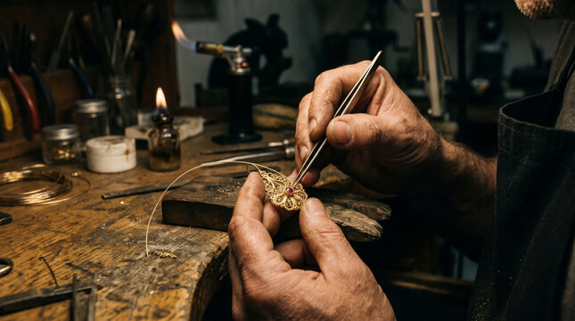 Close-up of a master jeweler's hands using precision tools to craft intricate gold filigree jewelry at a traditional wooden workbench in a moody, dimly lit workshop