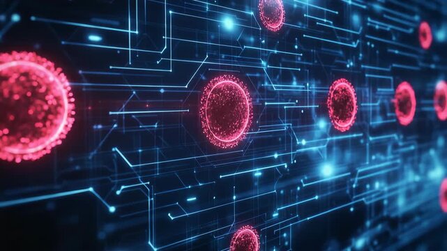 selective focus futuristic 3d holographic circulatory system with glowing blood cells