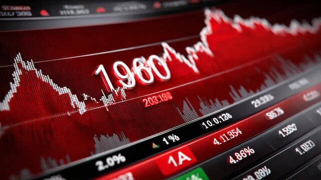 Market Volatility: A close-up captures the dynamic essence of financial data on a digital screen, with a bold display of fluctuating values representing market ups and downs. 