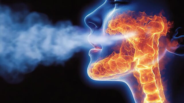 selective focus neck and throat pain shown through rhythmic glowing light