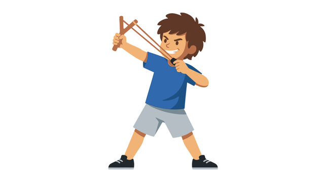Cartoon Illustration of a Mischievous Young Boy Aiming a Wooden Slingshot for Play and Fun Activity Concept