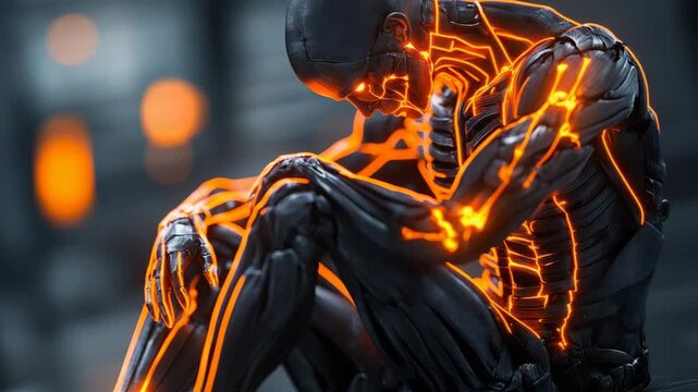 selective focus person bent over with glowing chest pain outline