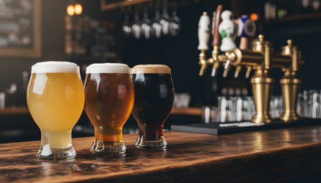 Horizontal photography of craft beer pub showing three glasses of different brews on a wooden bar for a craft beer tasting concept with taps in the background