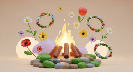 Obraz premium Charming Beltane illustration with bonfire, flowers, and wreaths