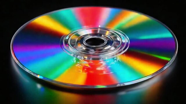 Vibrant CD: A colorful CD glistens against a dark backdrop, its surface reflecting a spectrum of radiant hues. This digital storage device encapsulates an era of audio and visual media
