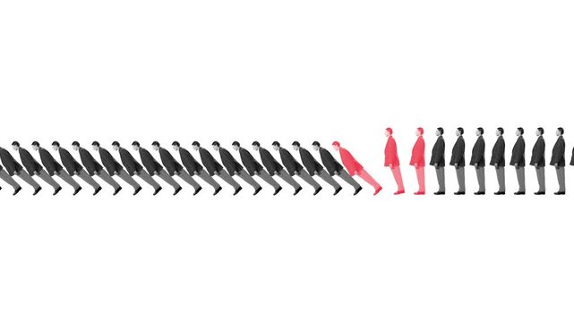 Repeating business people falling forward with highlighted individuals on white background. Concept of domino effect, market crash, chain reaction, failure spread and systemic risk in business.