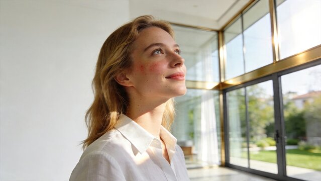 Serious young woman face with acne rash sunburn red skin irritation dermatitis looking outside window healthy skin care concept
