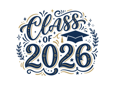 Class of 2026 Graduation Celebration with Academic Cap and Laurel Wreaths - Vector Illustration