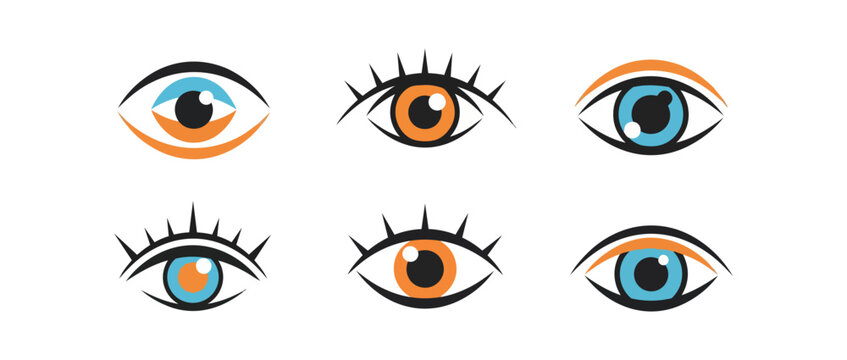 Stylized eye illustrations with various colors on black background