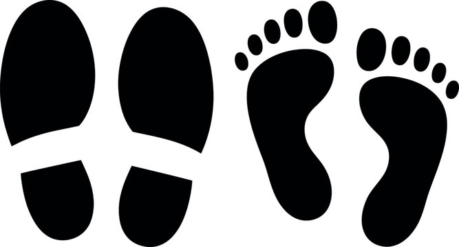 Black footprints and feet illustration with toes and shoes outline