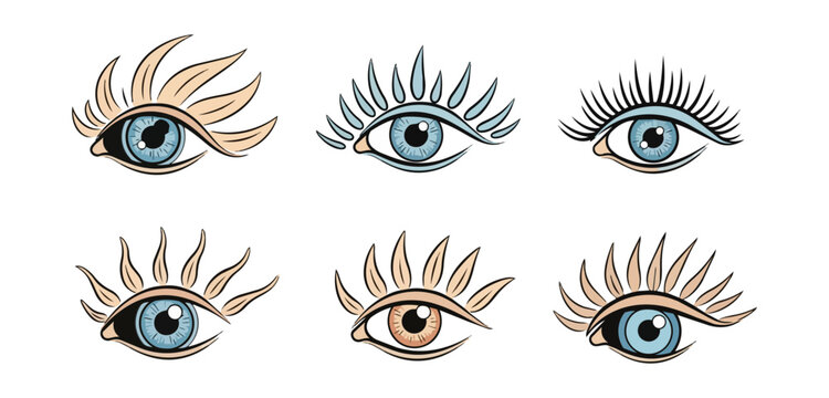 Stylized eye illustrations with various eyelash designs on black background
