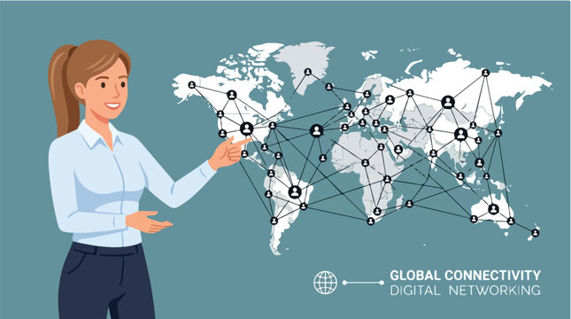 Businesswoman presenting global connectivity and digital networking concept with a world map and interconnected people icons in a flat 2D illustration style
