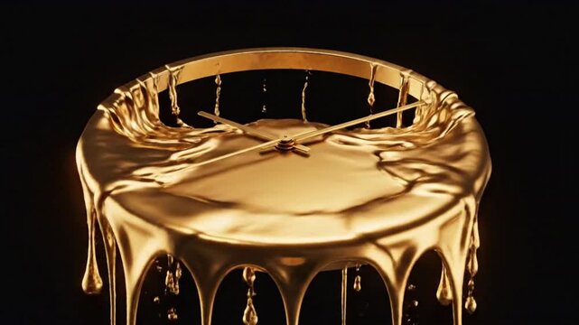Melting Liquid Gold Clock, Surreal Time Concept, time loss and wastage of time
