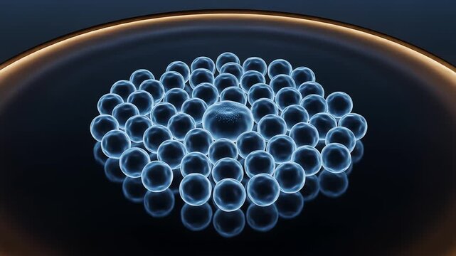 Microscopic blue cells cluster on dark surface, scientific biological molecule structure, medical research laboratory visualization of organic spheres
