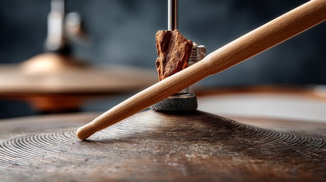 Close-up of a wooden drumstick striking a cymbal with intricate details.