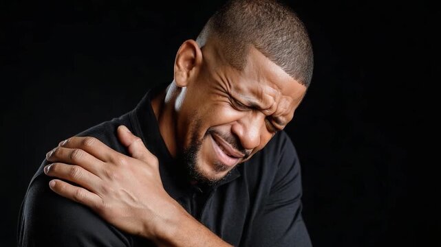 Shoulder Pain: A close-up shot of a man grimacing in pain, hand holding shoulder