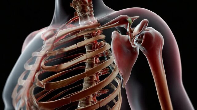 Anatomy of the Human Shoulder: A detailed medical illustration showcasing the intricate structure of the shoulder, highlighting bones, and the surrounding structures.