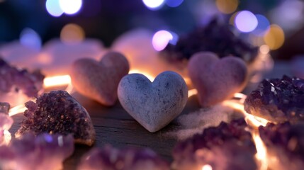 Fototapeta premium Three heart-shaped stones surrounded by purple crystals and soft, glowing lights.