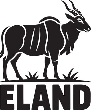 Eland illustration with horns standing on grass in black and white silhouette with animal