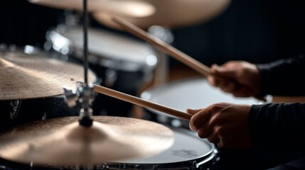 Obraz premium Close-up of a male drummer playing with intensity in a dimly lit studio.
