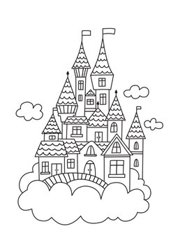 Fantasy castle in the clouds outline &ndash; cute fairytale coloring page illustration
